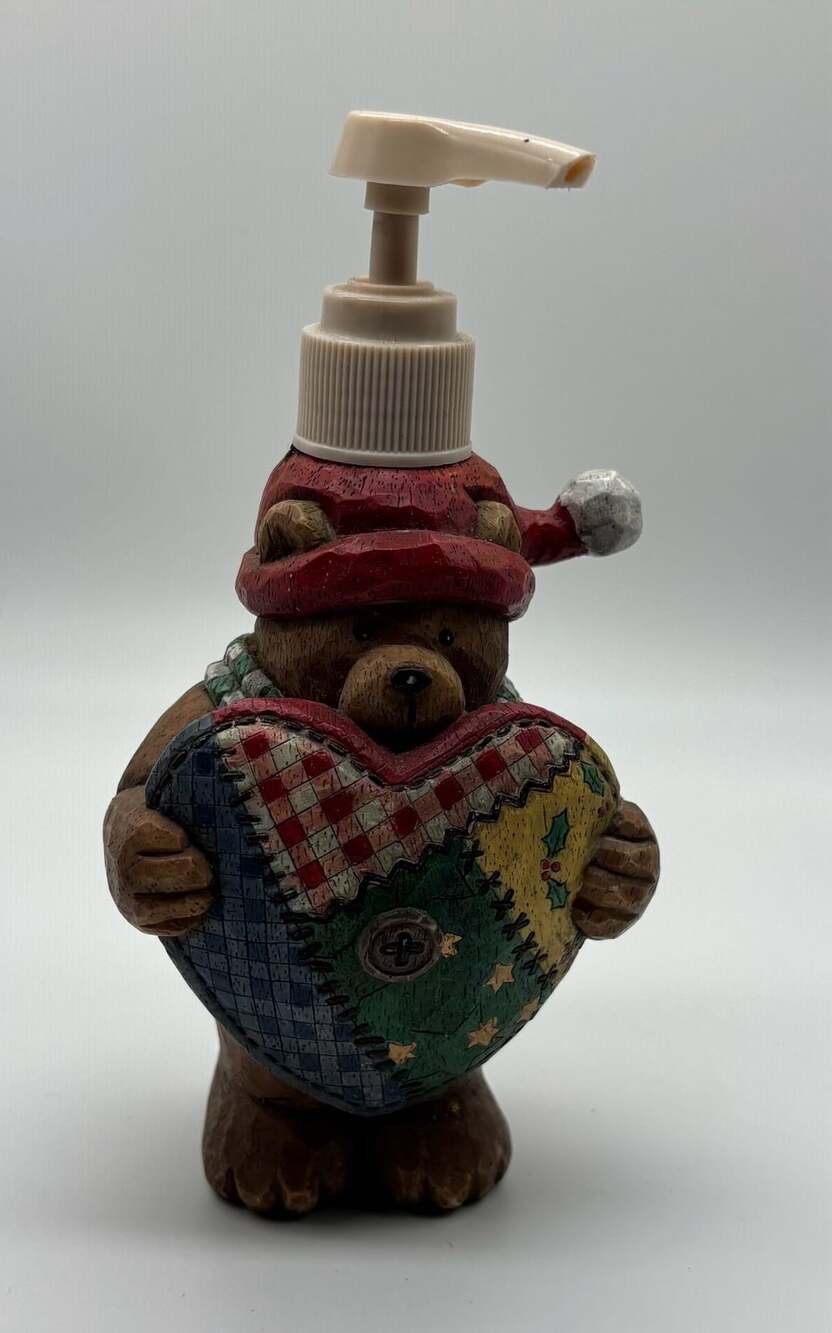 Vintage Christmas Teddy Bear Holding Patchwork Heart Soap or Lotion Dispenser